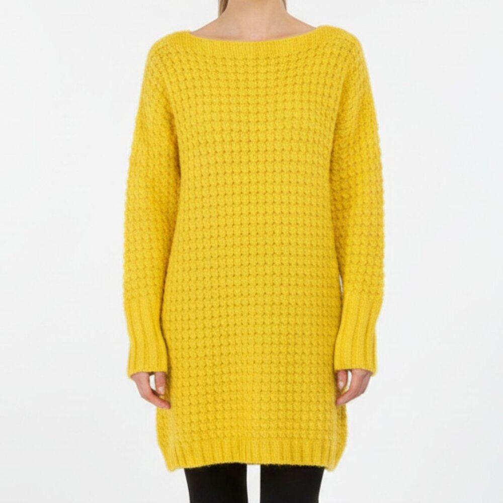 Handmade Yellow Knit Sweater Dress Loose Fit Boat Neck Size S/M